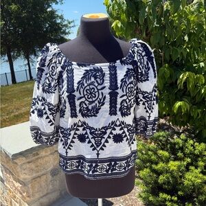 Saks Fifth Avenue White Navy Embroidered Puff Sleeve Coastal Top Medium